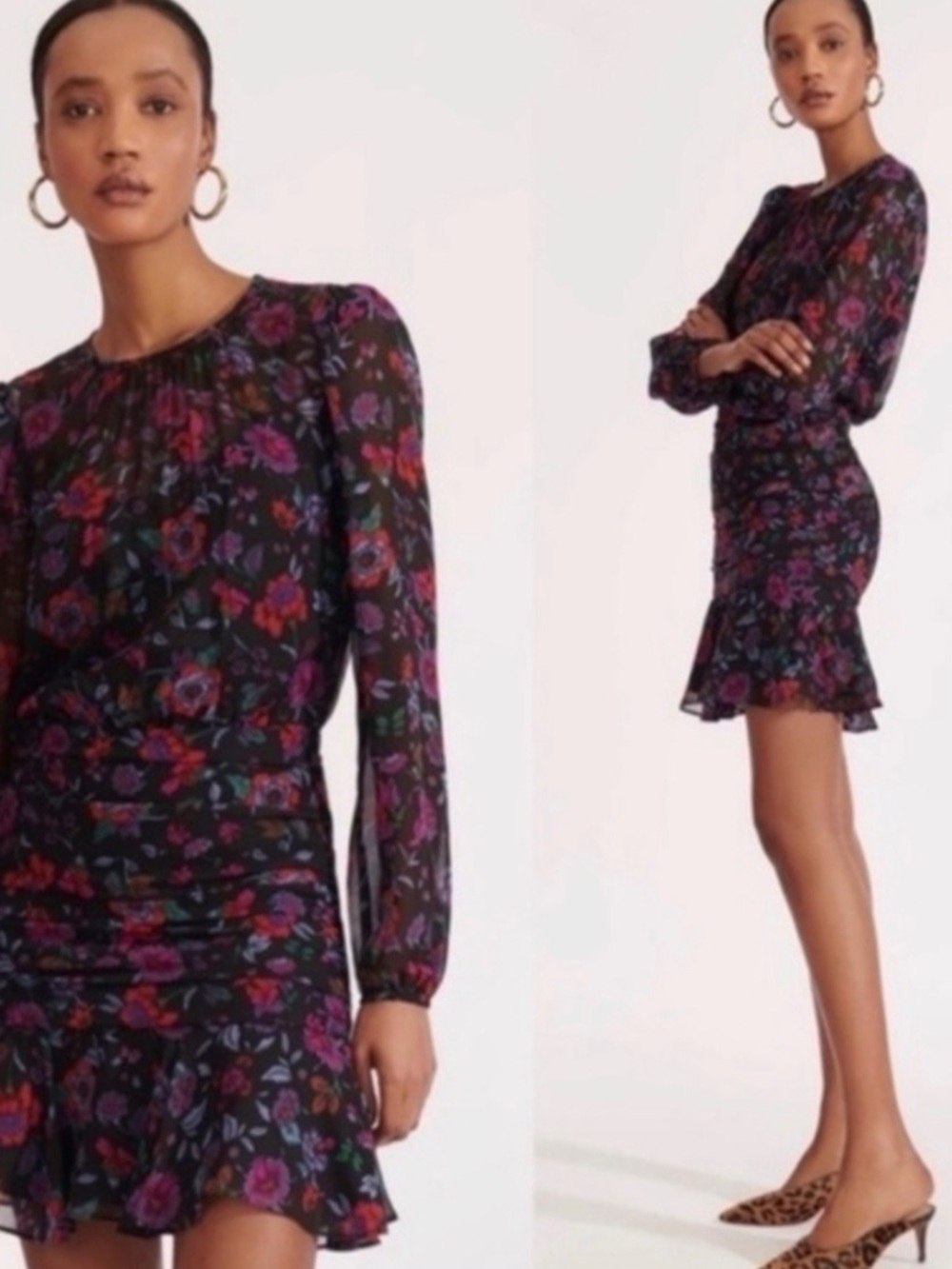 Veronica Beard Black Floral Long-Sleeve Ruched Mini Dress